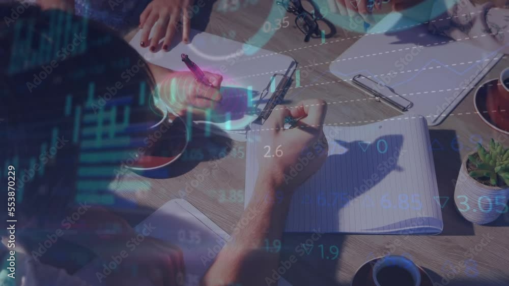 Poster animation of stock market data processing over mid section of colleagues discussing over a clipboard