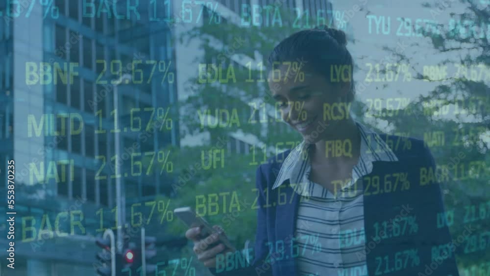 Poster animation of data processing over biracial woman using smartphone