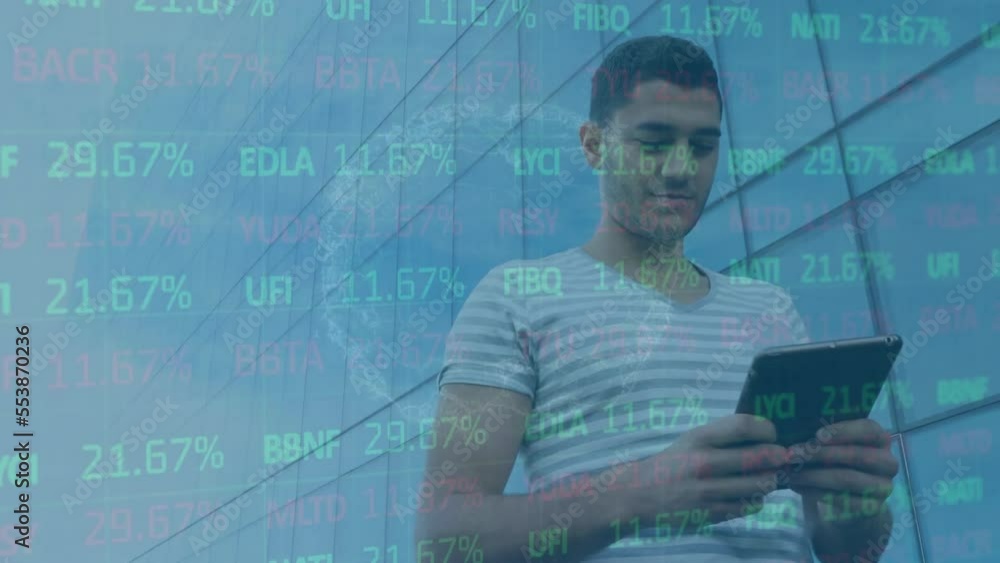 Aufkleber animation of data processing over biracial man using tablet