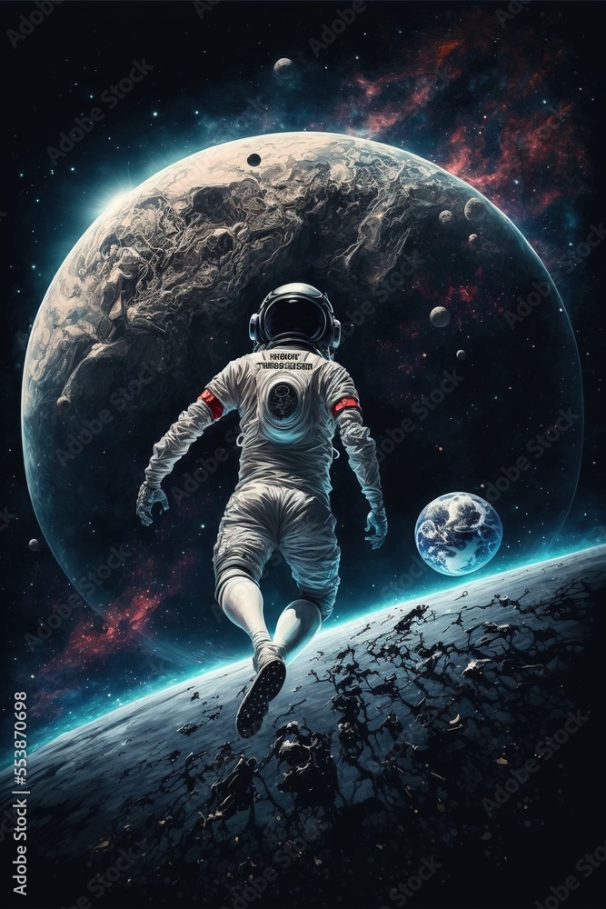 Poster astronaut playing soccer in space generative ai