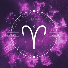 Aries zodiac sign with purple background and white symbol