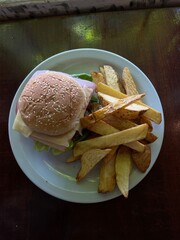 Plato de hamburguesa con papas fritas. Gourmet