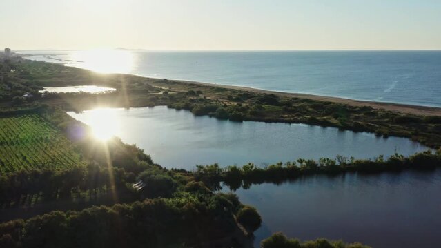 Beautiful sunset over vineyards pond beachfront the mediterranean sea aerial shot 