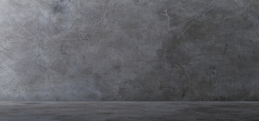 Empty dark gray cement wall room interior studio background and rough floor well editing montage display product and text present on free space backdrop 