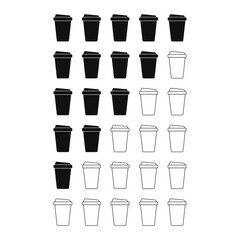Disposable paper or plastic cup with lid. Black coffee icon for rating or comparing drinks or cafes. Five star rating