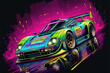 Pop art neon racing sports car