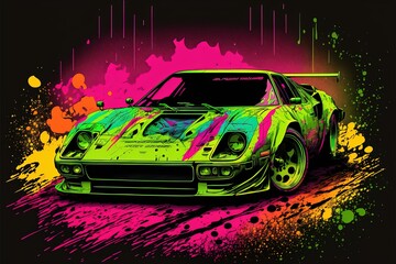 Pop art neon racing sports car. Generative AI