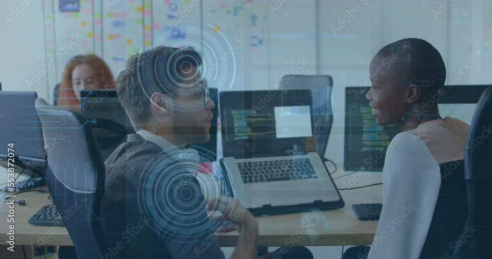 Poster animation of scope scanning and data processing over diverse business people