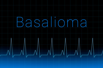 Basalioma disease. Basalioma logo on a dark background. Heartbeat line as a symbol of human disease. Concept Medication for disease Basalioma.