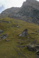 Col de Lurien beautiful hike on a mountain pass in the Pyrenees mountains on a sunny autumn day, Artouste, Nouvelle-Aquitaine, France
