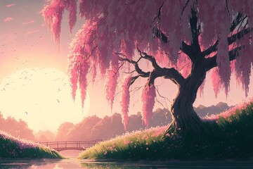 Naklejka na ściany i meble Beautiful Weeping Willow Scenery. Fantasy Landscape. Water colour. romantic and lovely style. illustration art. Digital painting. Generative AI. 