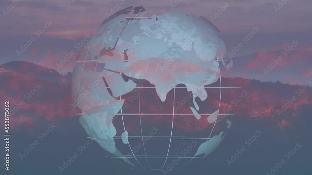 Aufkleber animation of globe and abstract pattern over scenic view of forest with mountains and cloudy sky
