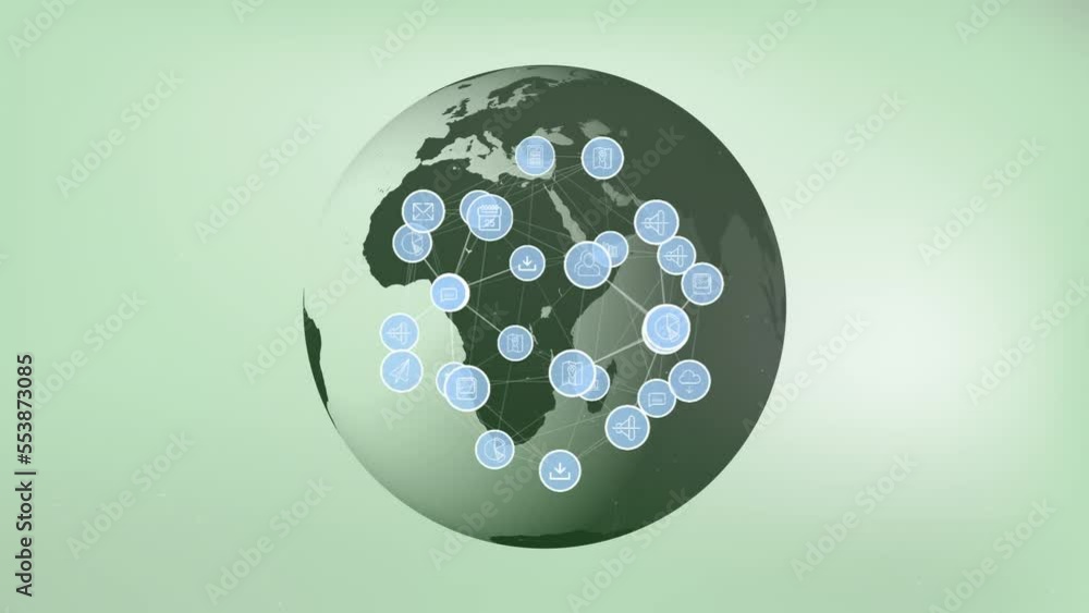 Poster animation of icons connected lines over rotating globe against abstract background