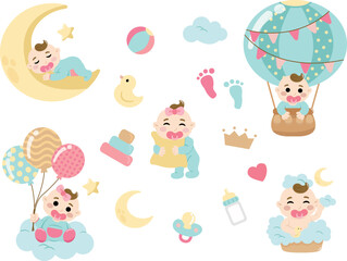 colección ilustración de bebe con diferentes poses, ilustracion ideal para decoración de baby shower