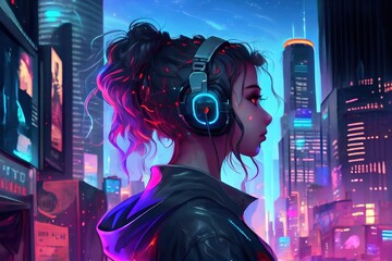 anime girl with headset vibe to music , cyberpunk, steampunk, sci-fi, fantasy