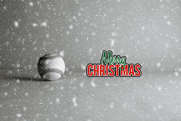 Baseball Christmas greeting background with athletic text by ball and winter snow.