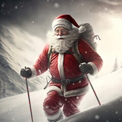 Santa skiing across a mountain