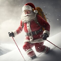 Santa skiing across a mountain