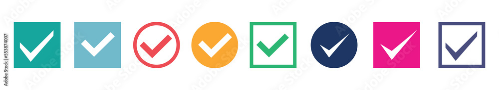 Aufkleber Green check mark and red cross icon set. Circle and square. Tick symbol in green color, vector illustration.