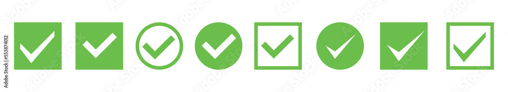 Poster Green check mark and red cross icon set. Circle and square. Tick symbol in green color, vector illustration. 10 eps.
