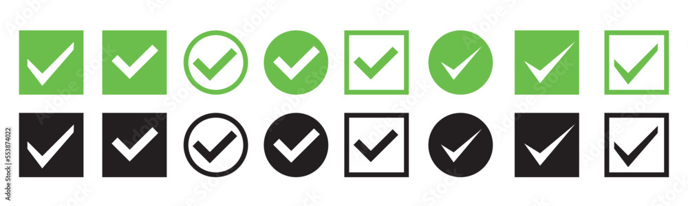 Poster Green check mark and red cross icon set. Circle and square. Tick symbol in green color, vector illustration. 10 eps.