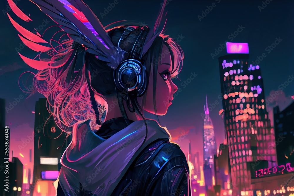 Wall mural anime girl with headset vibe to music , cyberpunk, steampunk, sci-fi, fantasy