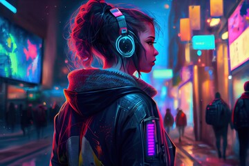 anime girl with headset vibe to music , cyberpunk, steampunk, sci-fi, fantasy