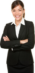 Smiling happy businesswoman portrait of multiracial Asian / Caucasian business woman isolated...