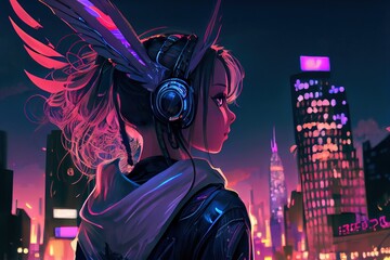 anime girl with headset vibe to music , cyberpunk, steampunk, sci-fi, fantasy