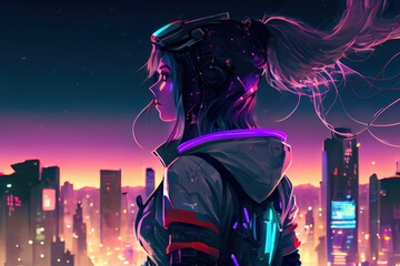 anime girl with headset vibe to music , cyberpunk, steampunk, sci-fi, fantasy