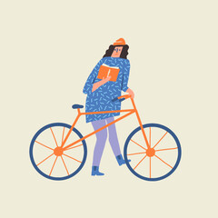 Young woman reading a book while riding her bicycle illustration in vector. 
