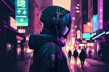 anime girl with headset vibe to music , cyberpunk, steampunk, sci-fi, fantasy - obrazy, fototapety, plakaty