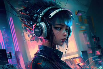 anime girl with headset vibe to music , cyberpunk, steampunk, sci-fi, fantasy