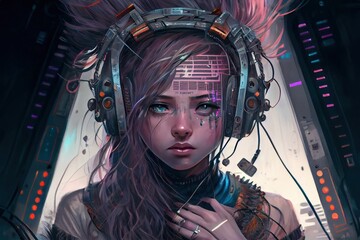 anime girl with headset vibe to music , cyberpunk, steampunk, sci-fi, fantasy