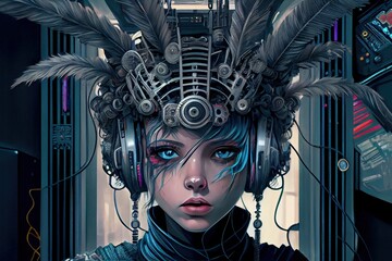 anime girl with headset vibe to music , cyberpunk, steampunk, sci-fi, fantasy