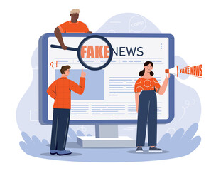 Fake news concept. Woman with loudspeaker and man with magnifying glass check information on Internet. Mass media quality control. Online knowledge metaphor. Cartoon flat vector illustration