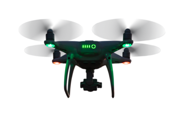 Transparent PNG UAV Quadcopter Drone with Hazard Lights On Flying In Evening or Night.