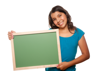 Transparent PNG Pretty Hispanic Girl Holding Blank Chalkboard.