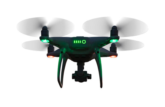 Transparent PNG UAV Quadcopter Drone with Hazard Lights On Flying In Evening or Night.