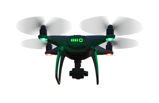 Transparent PNG UAV Quadcopter Drone with Hazard Lights On Flying In Evening or Night. - Powered by Adobe