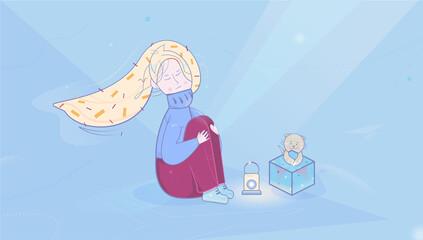 Sitting girl, cat with box present and lighting candlestick between them. Can be used as a greeting card for any event.