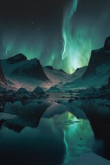Aurora borealis, the northern lights in a wintery mountain scene. 