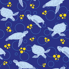 Blue Sea Turtles with Yellow and Blue Circles Surface Design Textiles Seamless Repeat Design 