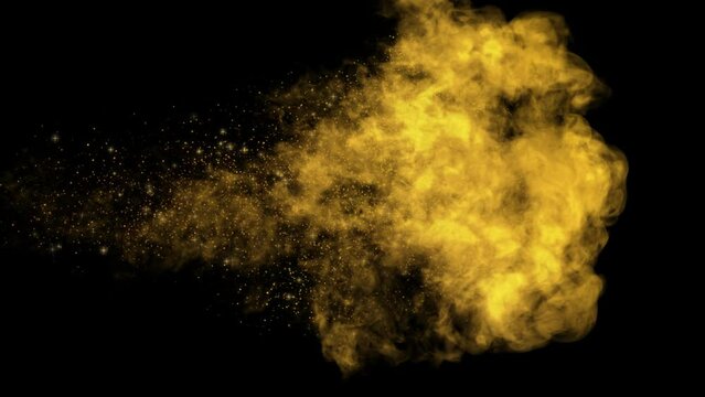 Yellow colored smoke with glittering particles reveal on a alpha channel background.