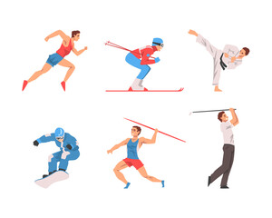 Fototapeta na wymiar Man Character Running, Skiing, Doing Karate, Snowboarding, Playing Golf and Throwing Javelin Vector Set