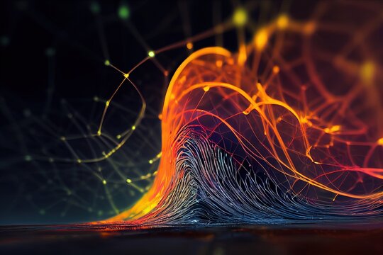 Wave lines trails flowing dynamic in diverse colors isolated on black background. Abstract futuristic background, science, digital and communication concept. Generative ai illustration