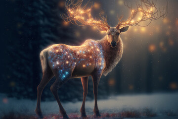 Christmas reindeer with glowing antlers against a winter forest backdrop