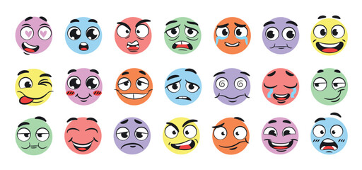 Funny emoticons set. Collection of stickers for social networks and messengers. Emotions and facial expressions, emoji and feelings. Cartoon flat vector illustrations isolated on white background