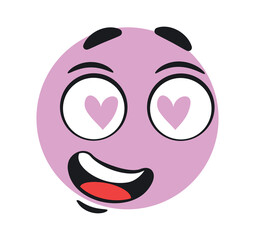 Funny love emoticon. Charming purple character with hearts in his eyes. Sticker for social media and messengers. Communication and interaction on Internet, romance. Cartoon flat vector illustration