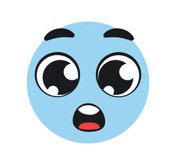 Funny surprised emoticon. Comic and humor, cute emoji. Blue character shocked. Poster or banner for website. Emotions, moods and feelings, facial expressions. Cartoon flat vector illustration